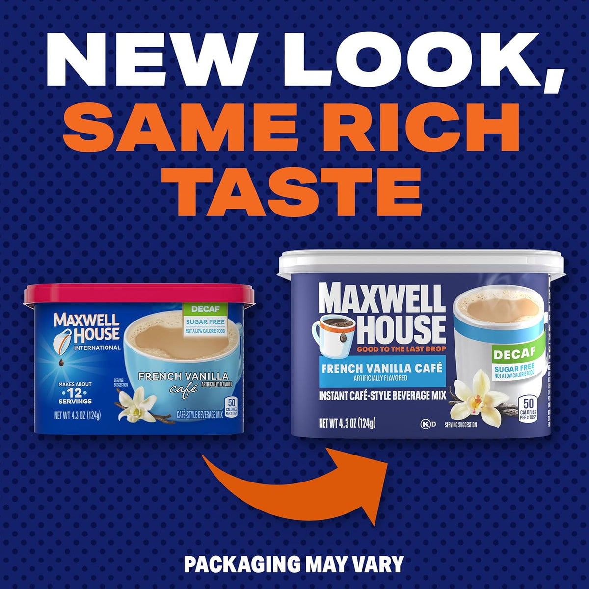 Maxwell House mezcla instantánea de café estilo cafetería, descafeinado y sin azúcar, fácil de preparar, 1 recipiente, para café matutino rápido o un gusto por la tarde, French Vanilla Cafe, lácteos kosher, 4.3 oz