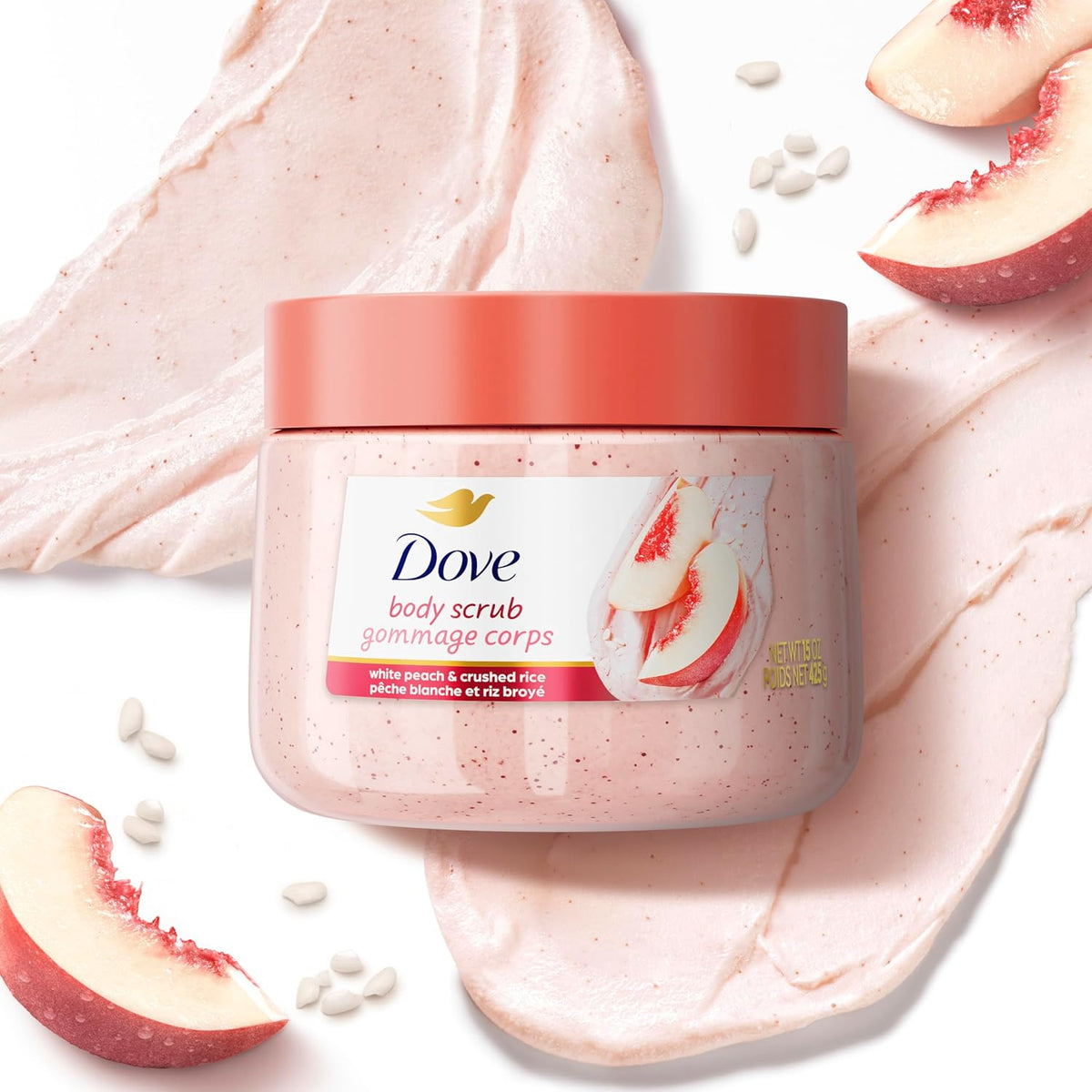 Exfoliante Corporal Dove Durazno Blanco y Arroz Triturado Exfolia y Nutre Profundamente para una Piel Suave y Radiante 15 oz