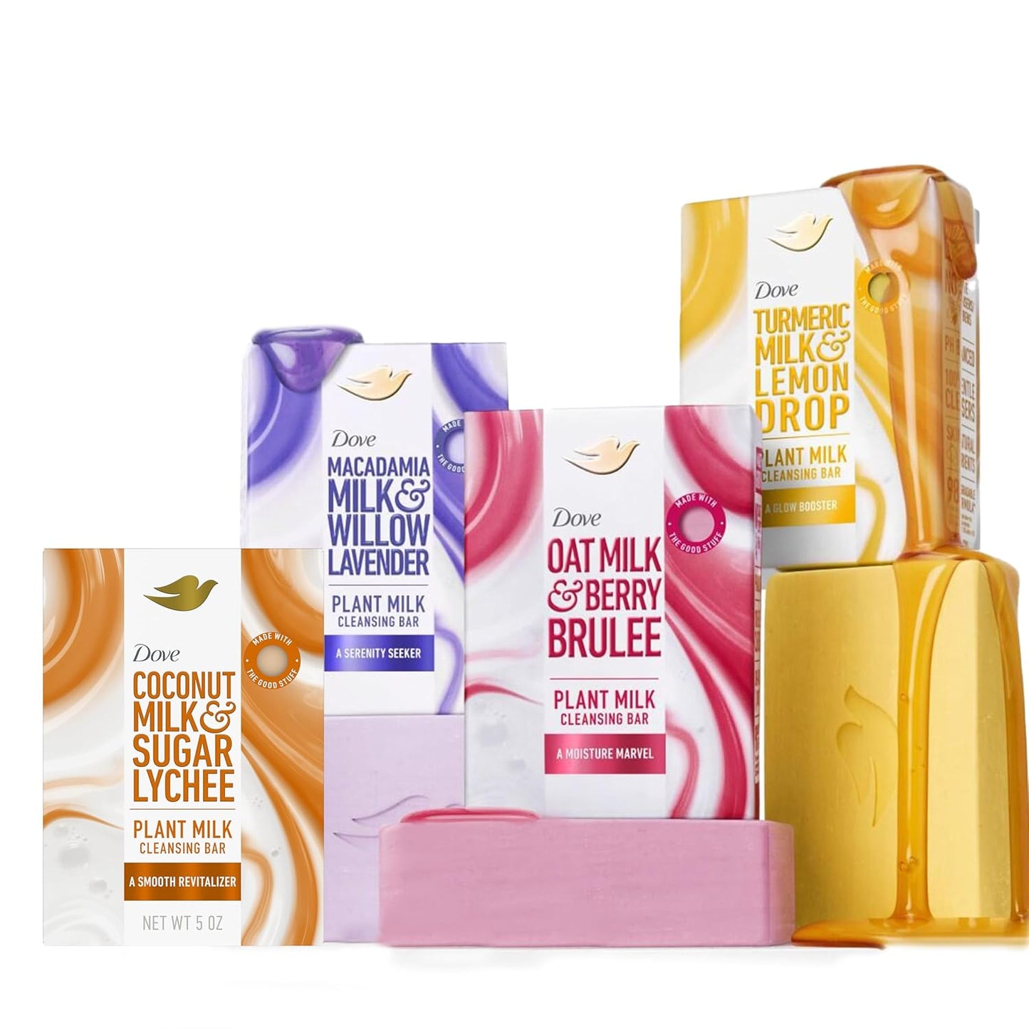 Dove Paquete Surtido de Jabón en Barra Limpiador Leche Vegetal 4 para Piel Humectada, con Limpiadores Suaves, Sin Limpiadores Sulfatados ni Parabenos, Fórmula 98% Biodegradable, 142 g