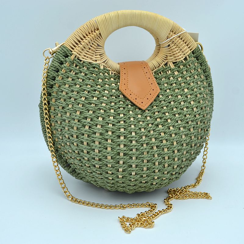 Boho Round Woven Straw Satchel – Convertible Circle Basket Bag with Chain Strap