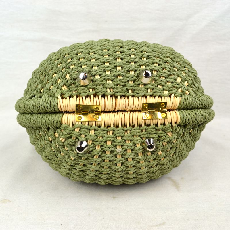 Round Woven Straw Handbag with Rattan Cutout Handle