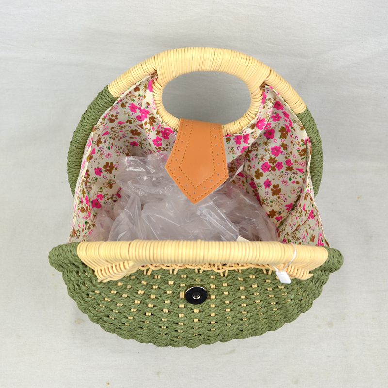 Boho Round Woven Straw Satchel – Convertible Circle Basket Bag with Chain Strap