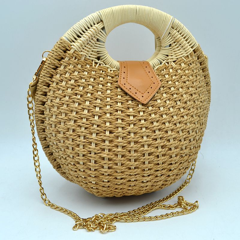 Boho Round Woven Straw Satchel – Convertible Circle Basket Bag with Chain Strap