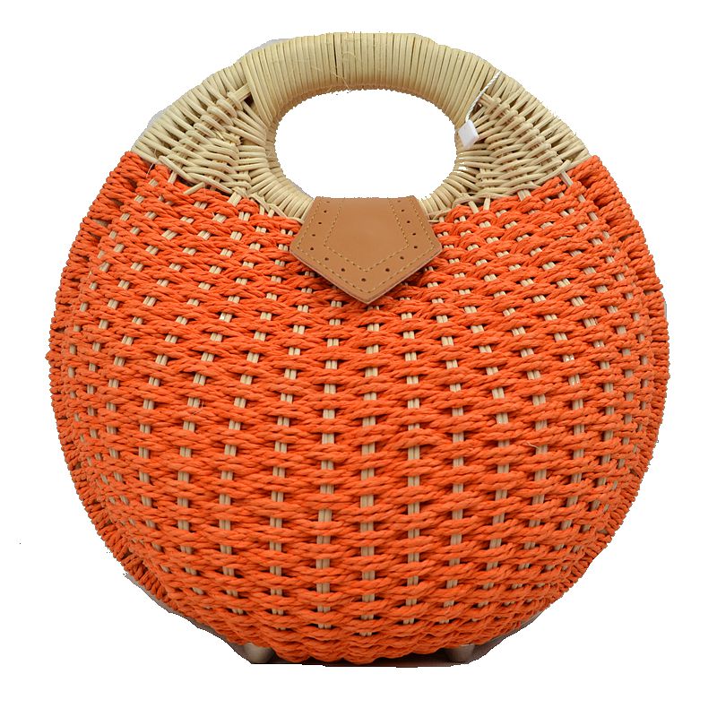 Round Woven Straw Handbag with Rattan Cutout Handle