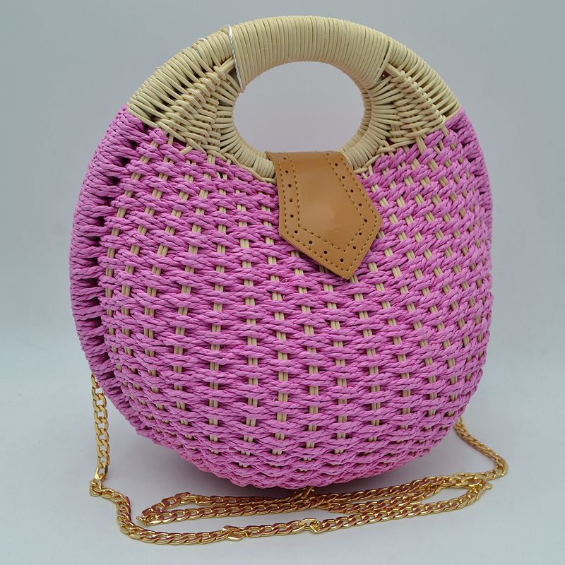 Boho Round Woven Straw Satchel – Convertible Circle Basket Bag with Chain Strap