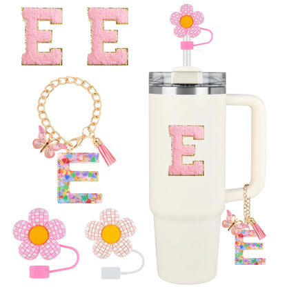 Accesorios para vaso Stanley 5 piezas Decoraciones de iniciales para vaso Stanley Decoraciones para pajitas de vaso Stanley Tapa de pajita Cubierta de pajita Bonitos abalorios de letras para vaso Stanley de 40 oz y 30 oz (E)