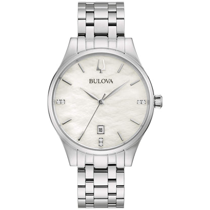 Bulova Reloj de Cuarzo Clásico para Dama, con Esfera de Diamantes, Calendario de Fecha, de Acero Inoxidable, 3 Manecillas, y Madreperla Blanca Estilo: 96P220