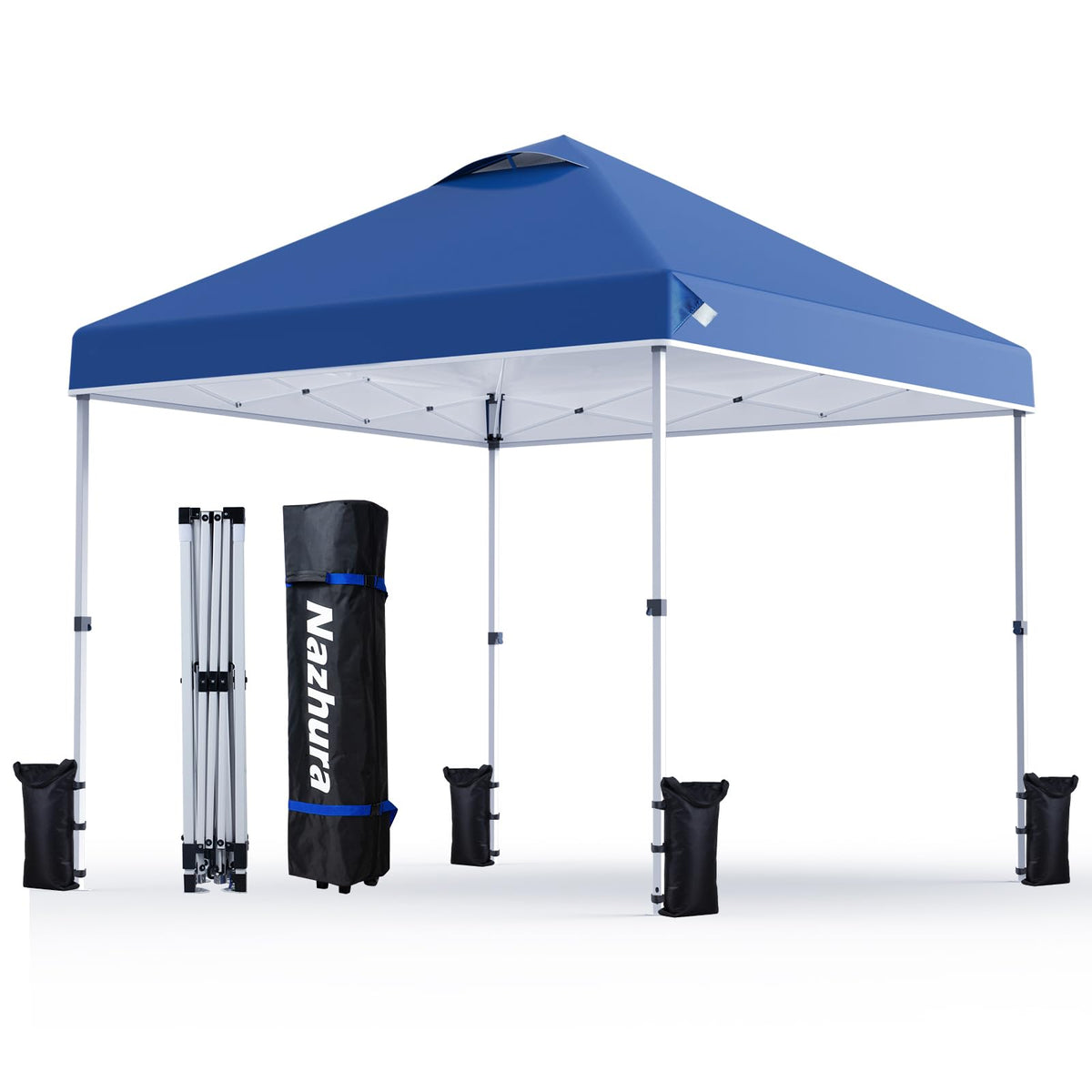 Carpa Toldo Plegable Nazhura 10 x 10 con Bolsa de Peso de Arena, Refugio Solar Independiente para Picnic y Camping, Montaje por una Persona y Altura Ajustable (Azul)