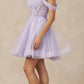 Vestido de fiesta corto Juliet 880 de tul con brillantina, corte A y hombros descubiertos.