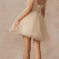 Vestido corto de tul de corte A con corpiño transparente y tirantes de plumas Juliet 881
