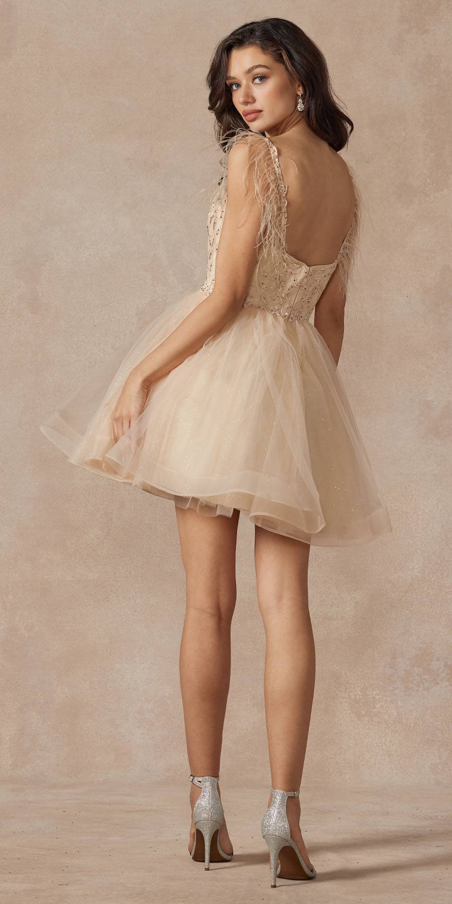 Vestido corto de tul de corte A con corpiño transparente y tirantes de plumas Juliet 881