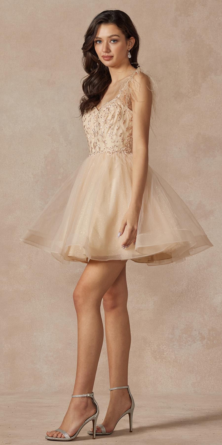 Vestido corto de tul de corte A con corpiño transparente y tirantes de plumas Juliet 881