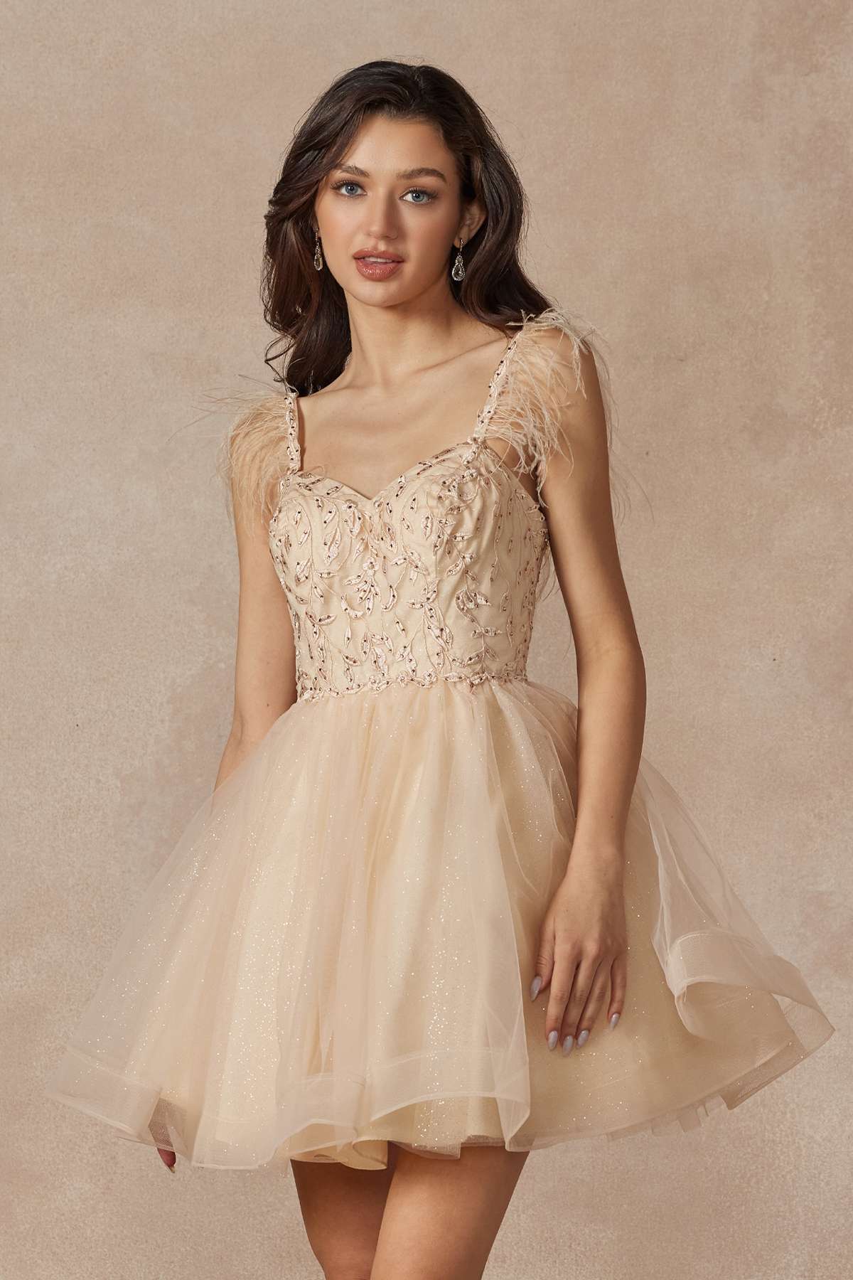 Vestido corto de tul de corte A con corpiño transparente y tirantes de plumas Juliet 881