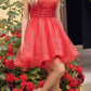 Vestido corto de tul de corte A con corpiño transparente y tirantes de plumas Juliet 881