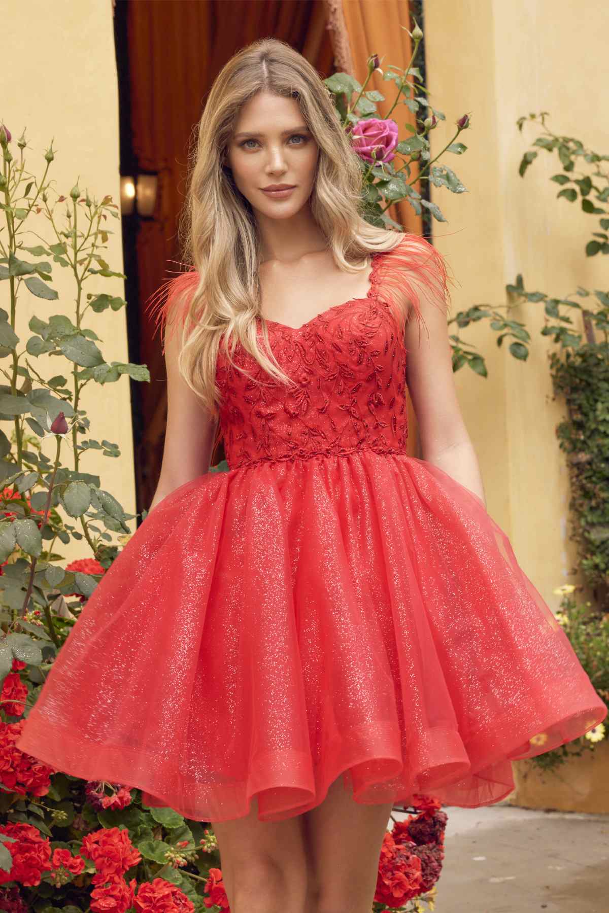 Vestido corto de tul de corte A con corpiño transparente y tirantes de plumas Juliet 881