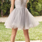 Vestido corto de tul de corte A con corpiño transparente y tirantes de plumas Juliet 881