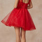 Vestido corto de tul de corte A con corpiño transparente y tirantes de plumas Juliet 881