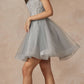 Vestido corto de tul de corte A con corpiño transparente y tirantes de plumas Juliet 881