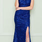 LIQUIDACIÓN - Poly USA | Vestido largo de lentejuelas con cuello en V y abertura, Ed Young 8872 (Talla S)