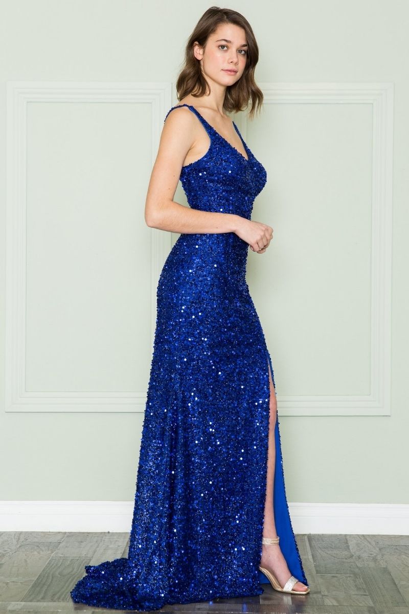 LIQUIDACIÓN - Poly USA | Vestido largo de lentejuelas con cuello en V y abertura, Ed Young 8872 (Talla S)
