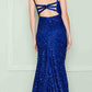 LIQUIDACIÓN - Poly USA | Vestido largo de lentejuelas con cuello en V y abertura, Ed Young 8872 (Talla S)