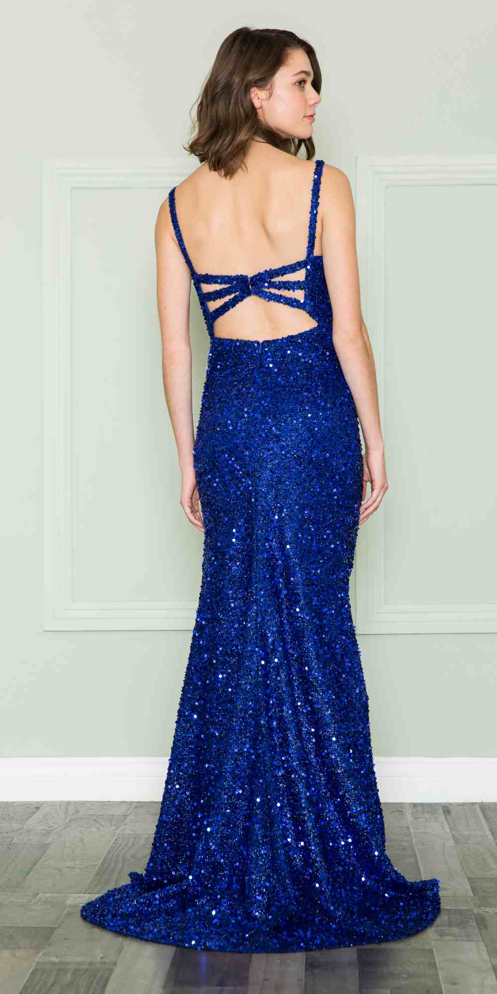 LIQUIDACIÓN - Poly USA | Vestido largo de lentejuelas con cuello en V y abertura, Ed Young 8872 (Talla S)
