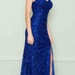 LIQUIDACIÓN - Poly USA | Vestido largo de lentejuelas con cuello en V y abertura, Ed Young 8872 (Talla S)
