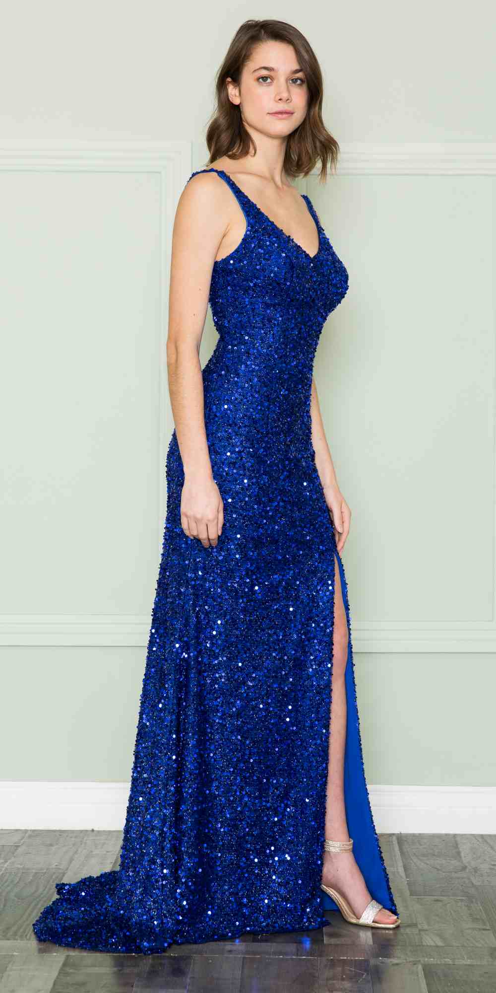 LIQUIDACIÓN - Poly USA | Vestido largo de lentejuelas con cuello en V y abertura, Ed Young 8872 (Talla S)