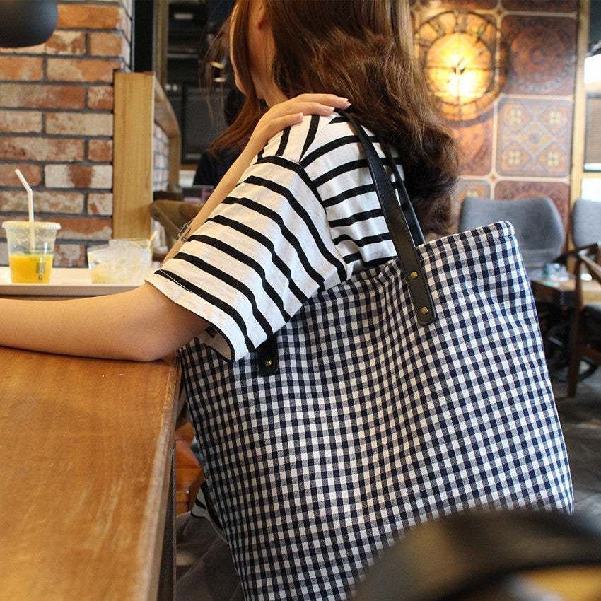 Cloth Handmade Brown Navy Blue Plaid Shoulder Bags