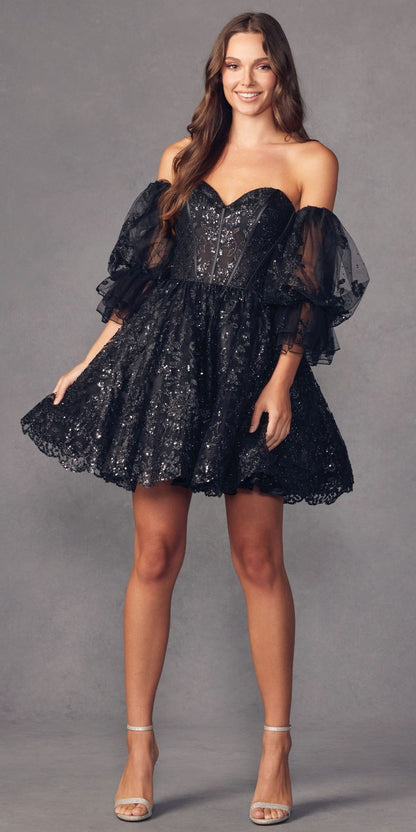 Vestido corto con purpurina, corte A, con ballenas y mangas abullonadas desmontables Juliet 895