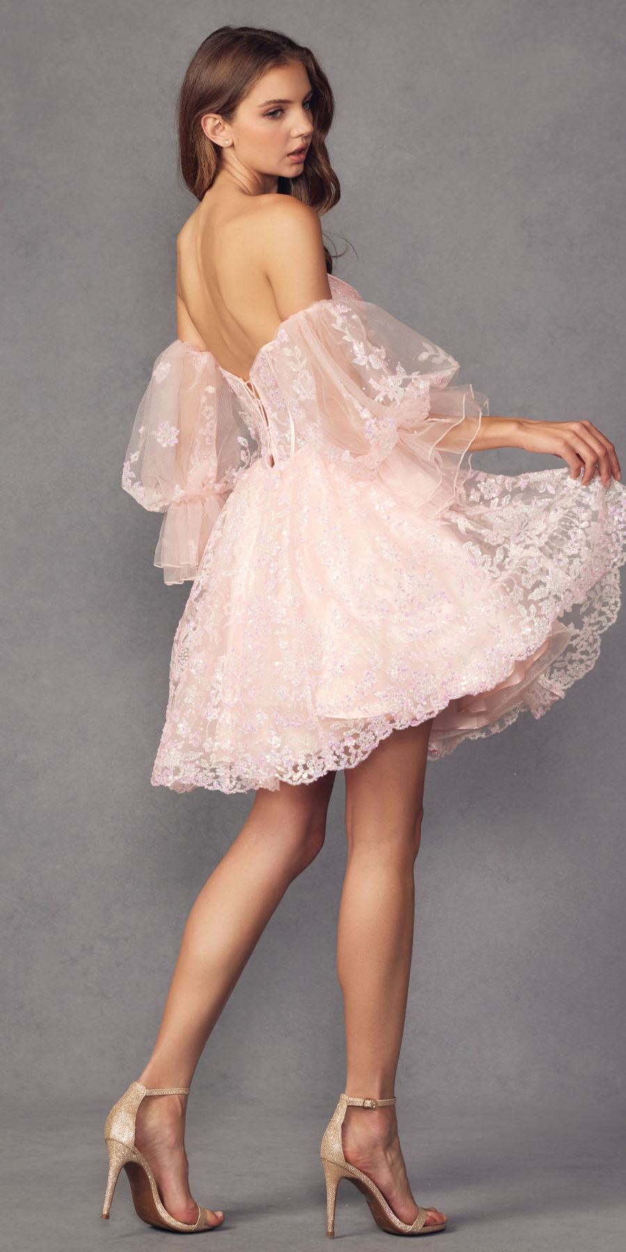 Vestido corto con purpurina, corte A, con ballenas y mangas abullonadas desmontables Juliet 895