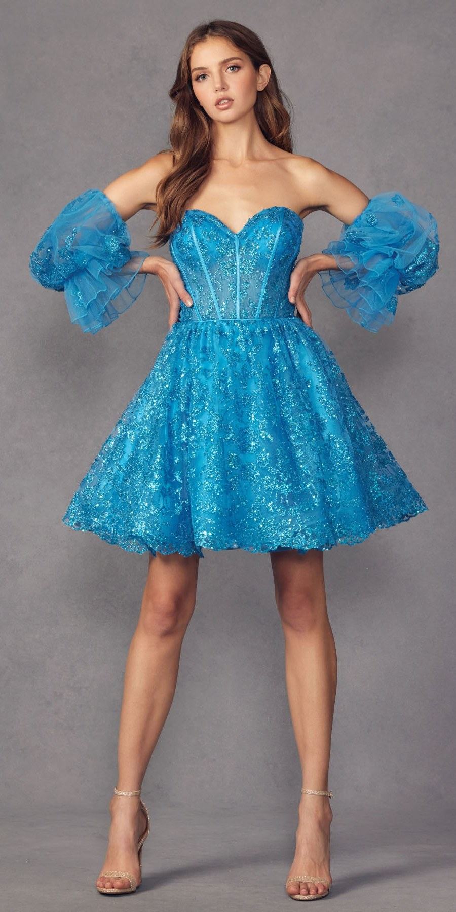 Vestido corto con purpurina, corte A, con ballenas y mangas abullonadas desmontables Juliet 895