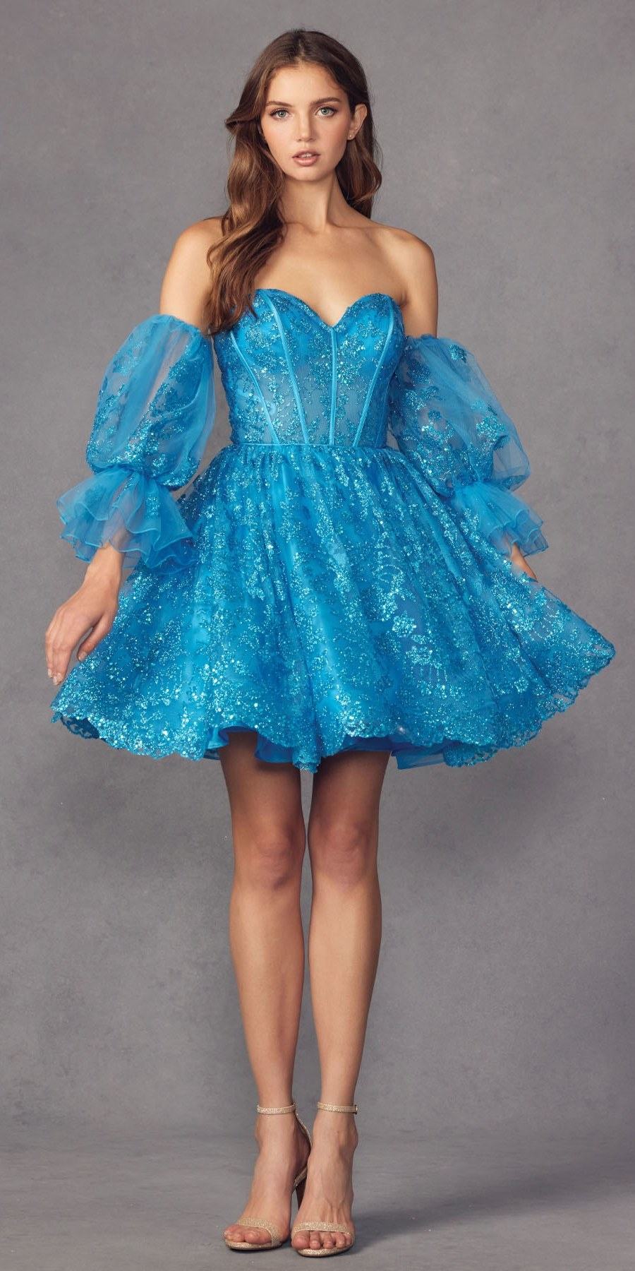 Vestido corto con purpurina, corte A, con ballenas y mangas abullonadas desmontables Juliet 895