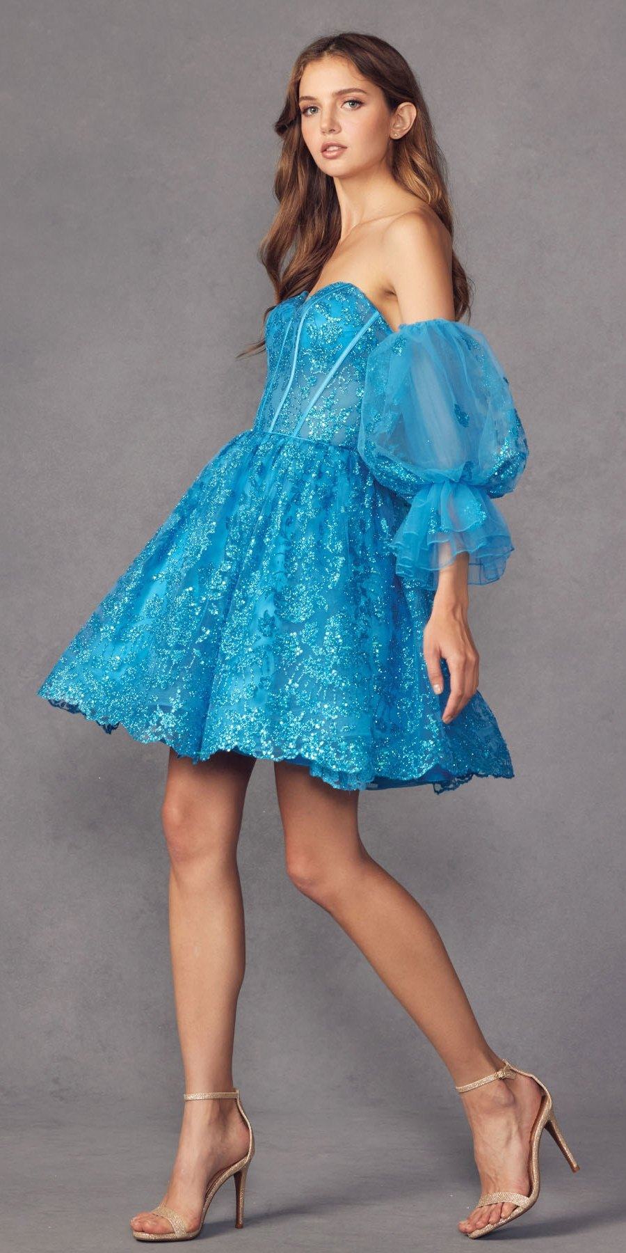 Vestido corto con purpurina, corte A, con ballenas y mangas abullonadas desmontables Juliet 895