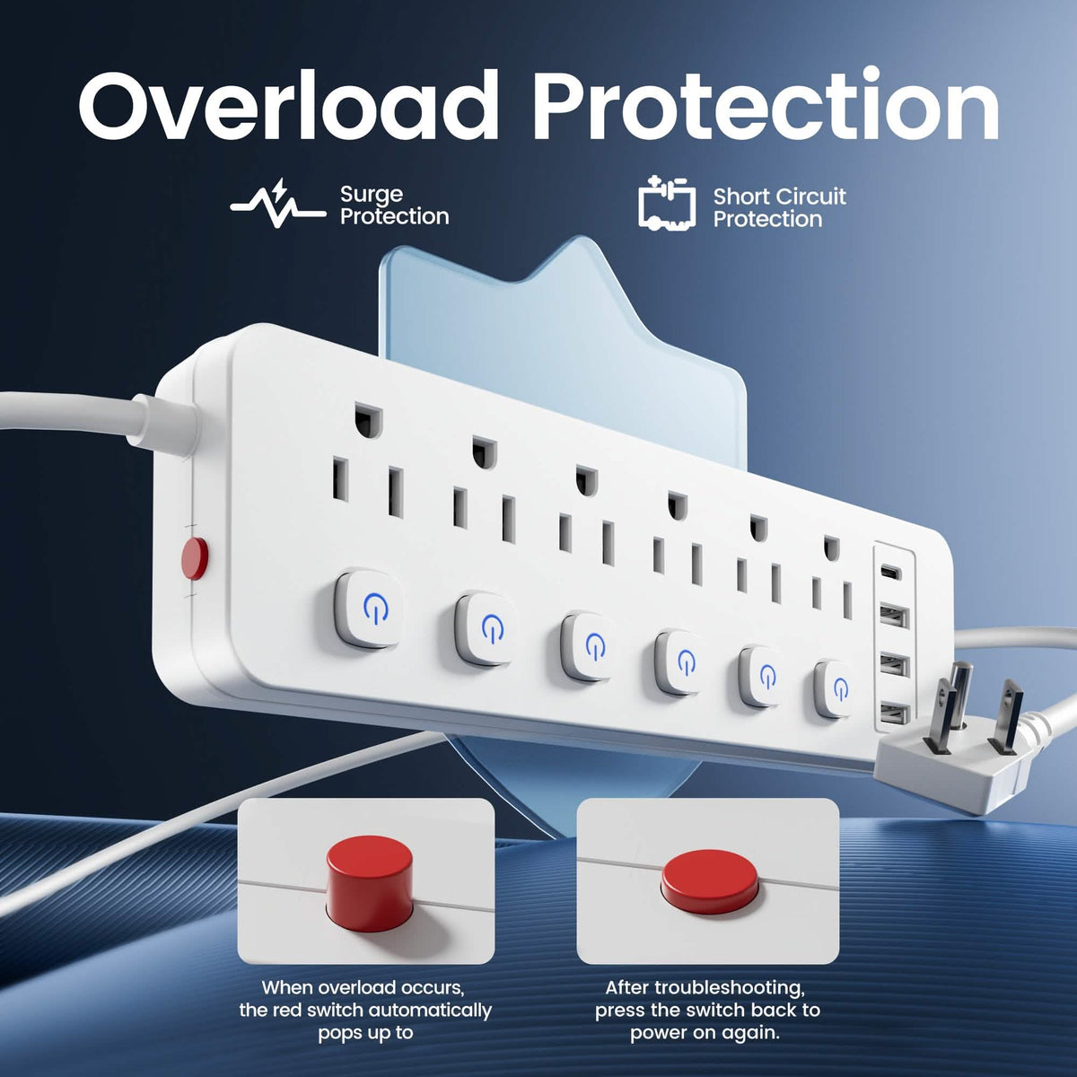 Regleta de enchufes 10 en 1 – 6 de CA, 3 USB-A, 1 Tipo-C