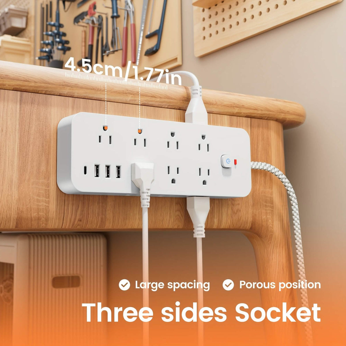 Regleta de 18 tomas con USB y tipo C – Protección contra sobretensiones