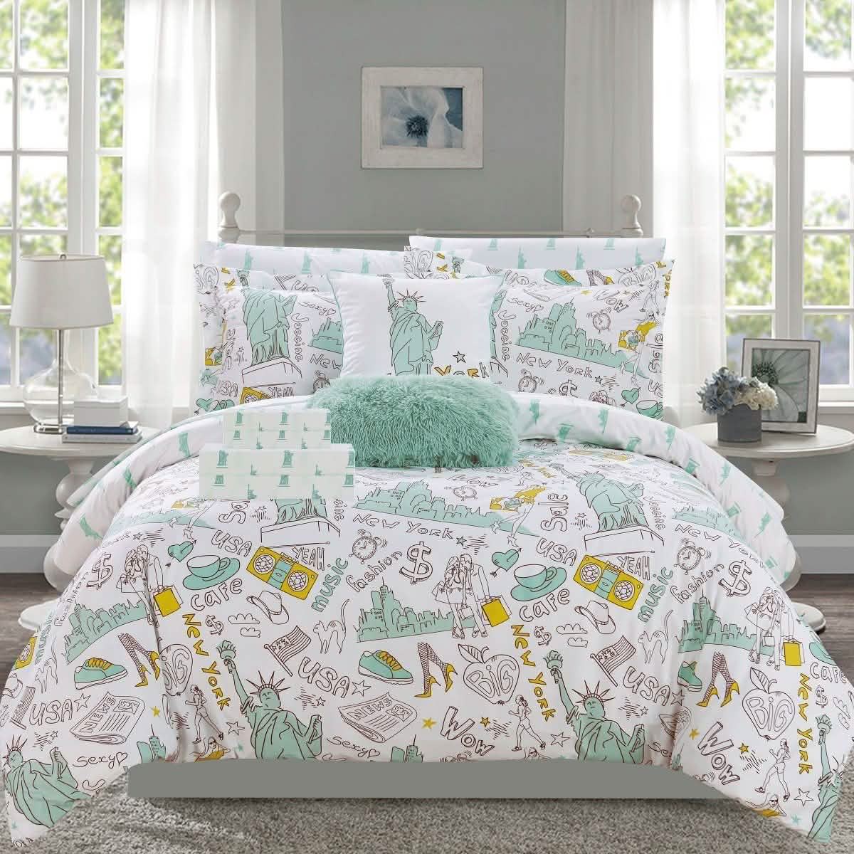Set de 9 piezas: Juego de edredón reversible Liberty con diseño estampado temático de Nueva York para cama