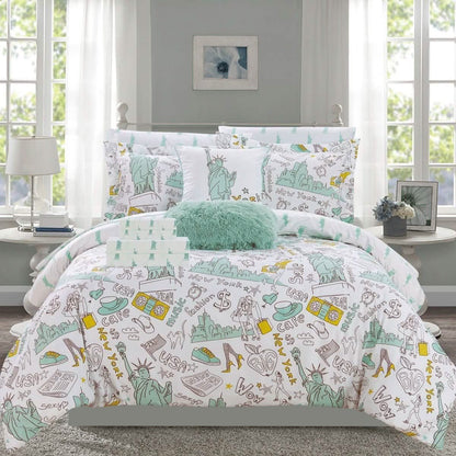 Set de 9 piezas: Juego de edredón reversible Liberty con diseño estampado temático de Nueva York para cama