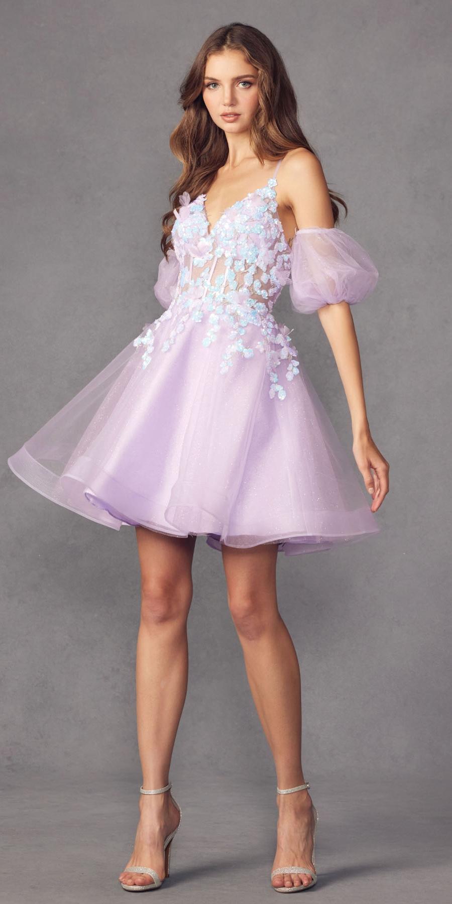 Vestido Juliet 901 de tul brillante con corte en A y mangas abullonadas cortas y extraíbles