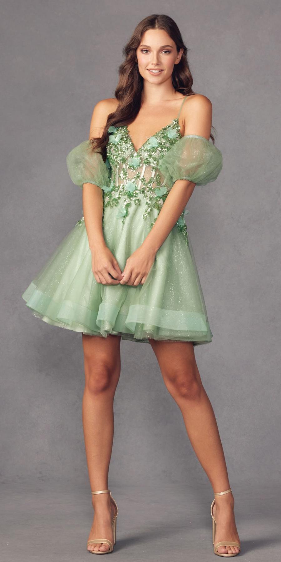 Vestido Juliet 901 de tul brillante con corte en A y mangas abullonadas cortas y extraíbles