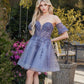 Juliet 909 Vestido corto de línea A con estampado de brillo y mangas cortas abullonadas removibles