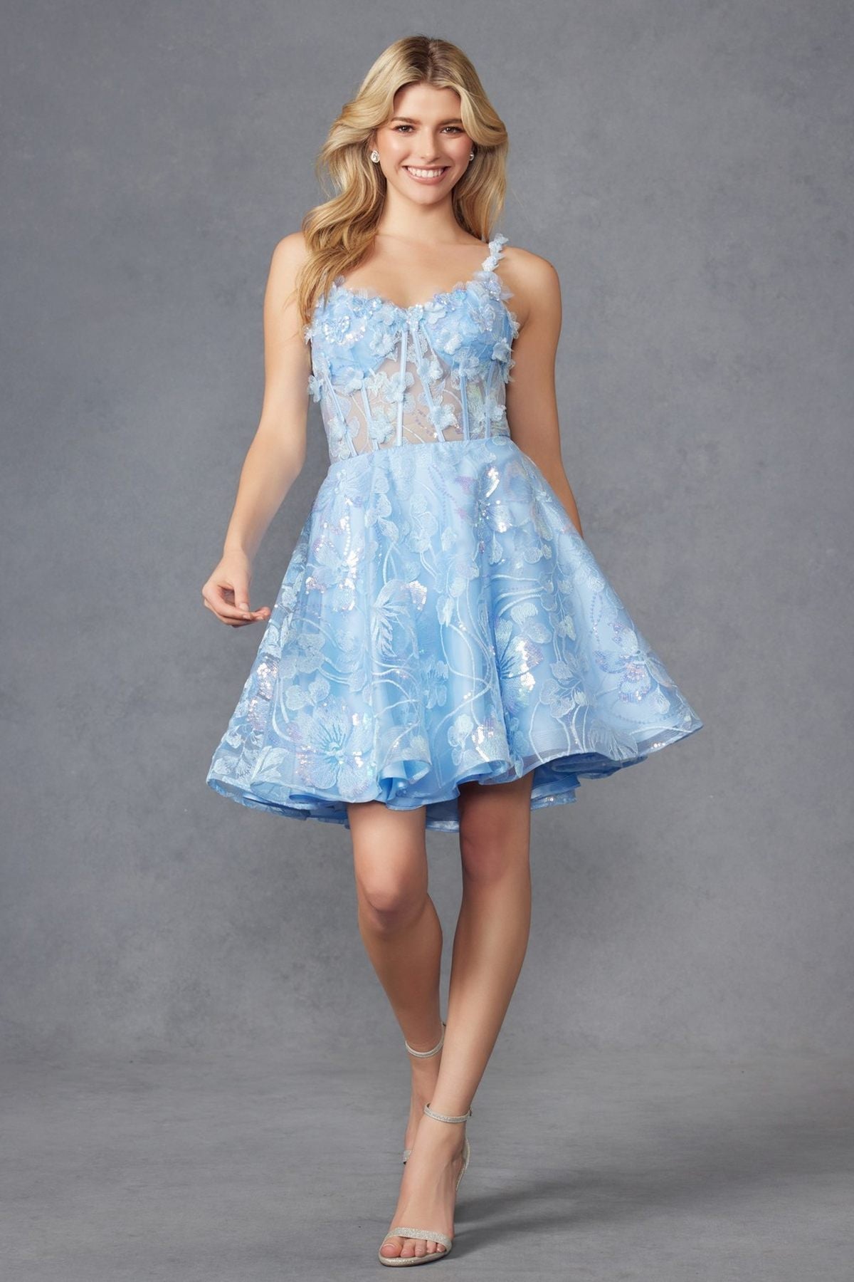Vestido Juliet JT917A de encaje bordado con corsé, tipo cóctel