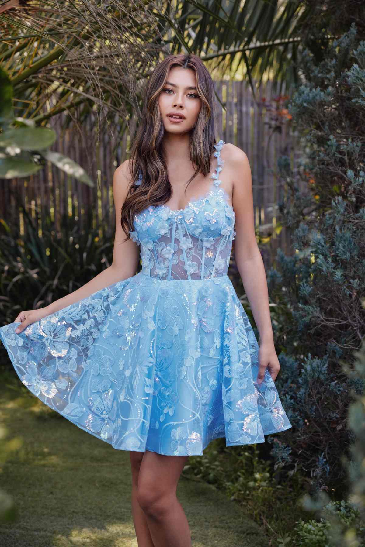 Vestido Juliet JT917A de encaje bordado con corsé, tipo cóctel