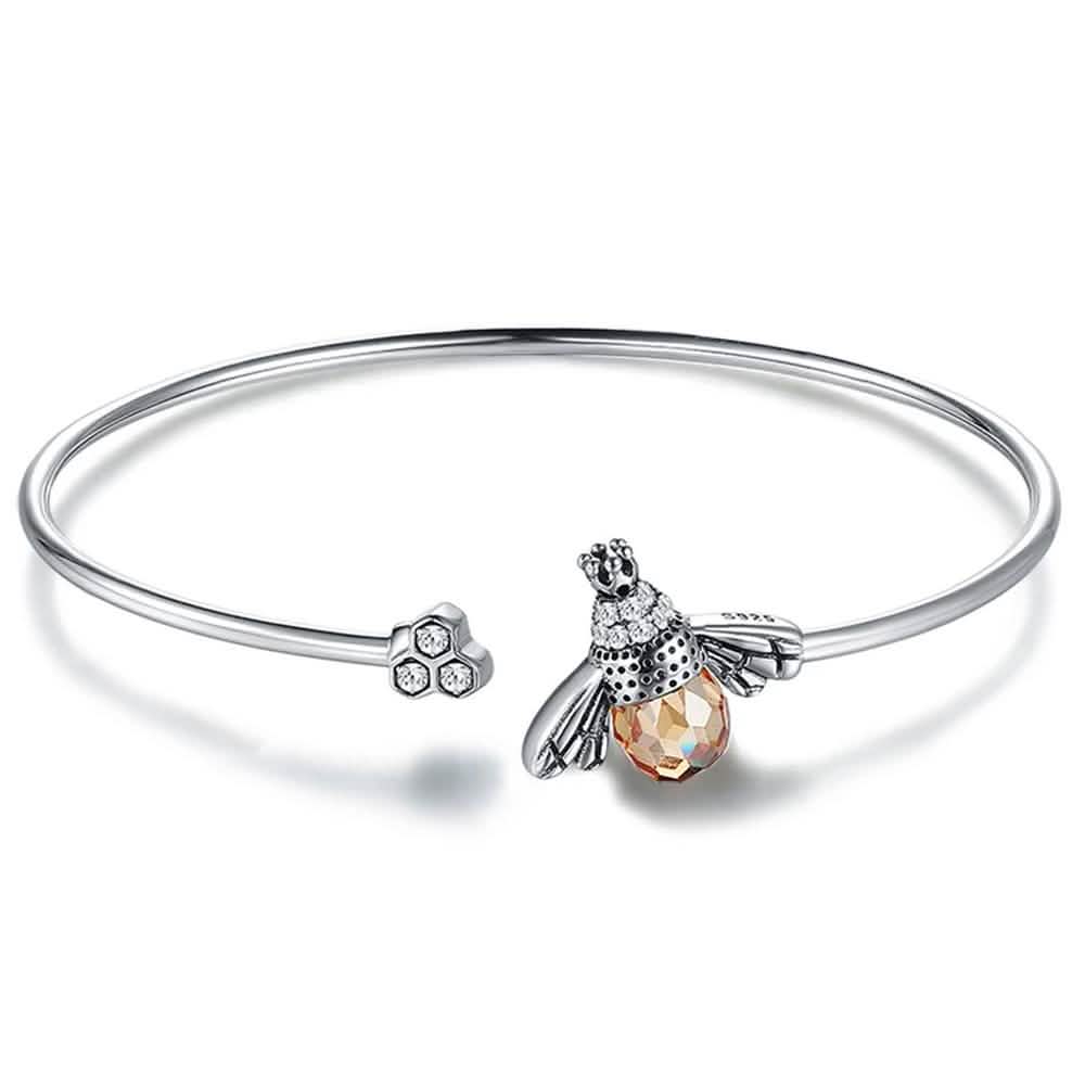 Pulsera de puño de plata de ley 925 con forma de abeja, circonita cúbica y cristal de Austria
