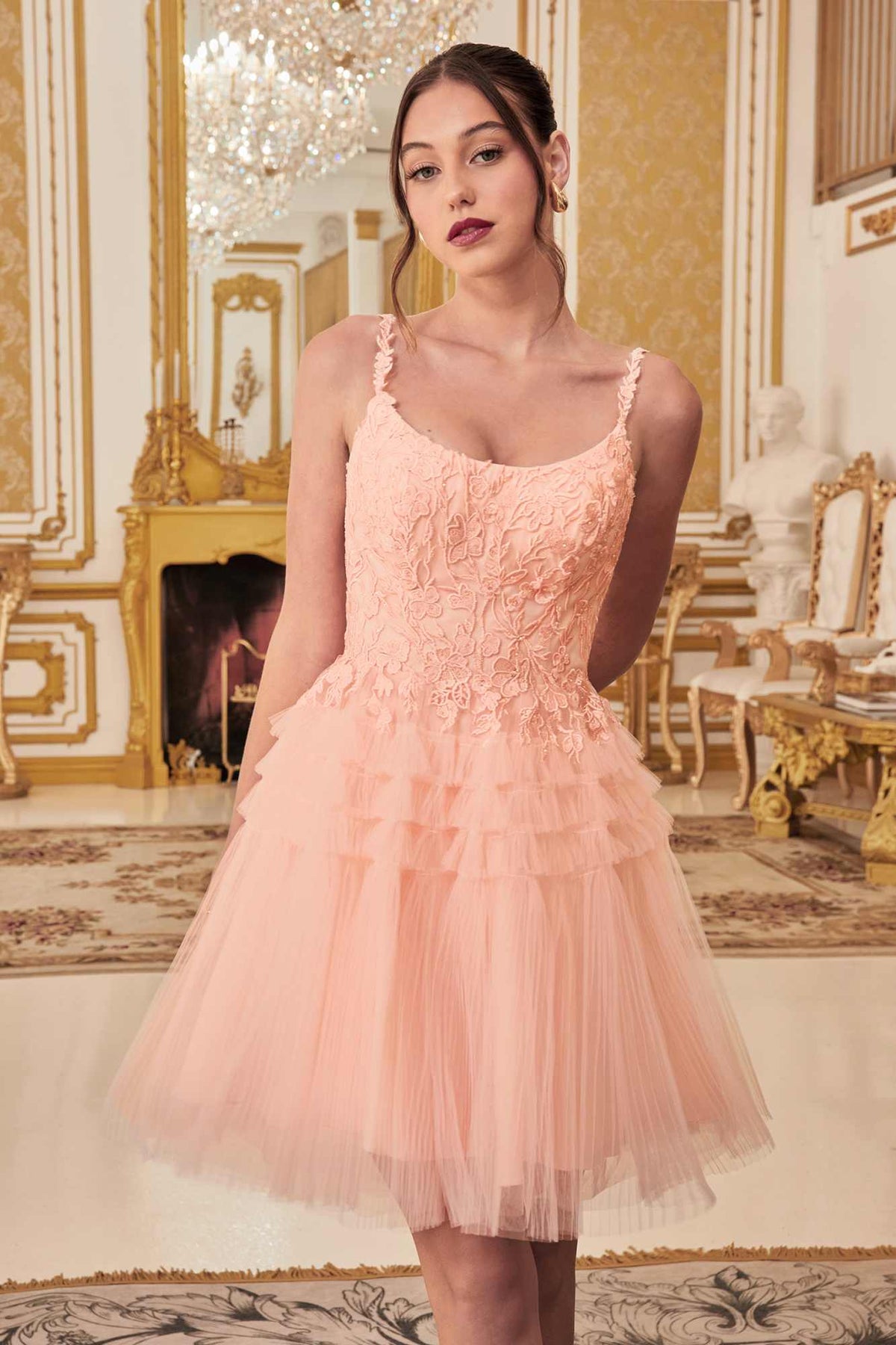 Vestido de cóctel corto de tul con cuello redondo, corte A y volantes Ladivine 9310