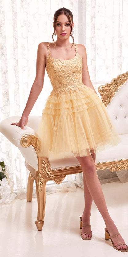 Vestido de cóctel corto de tul con cuello redondo, corte A y volantes Ladivine 9310