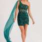 Juliet JT937R Dress One Shoulder Cape Sleeve Cocktail Sequin Gown