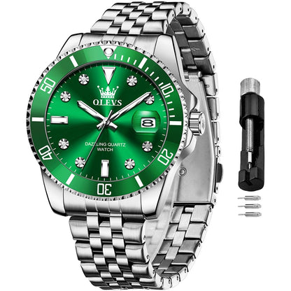OLEVS Reloj verde para hombre, relojes de lujo plateados para hombre, relojes de pulsera de acero inoxidable de esfera grande, fecha, impermeables, casuales, para hombre
