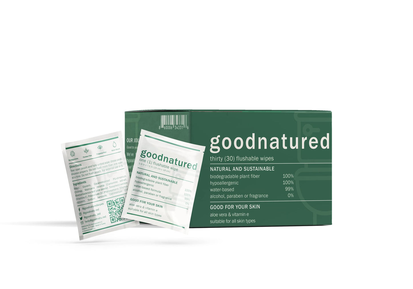 Toallitas desechables Goodnatured de 30 unidades con aloe vera y vitamina E sin perfume, hipoalergénicas, biodegradables, no tóxicas, sostenibles, ecológicas y sin alcohol (30 unidades)