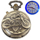 Reloj de bolsillo con diseño de motocicleta, luces LED, movimiento de cuarzo, esfera con números arábigos, creativo para hombres